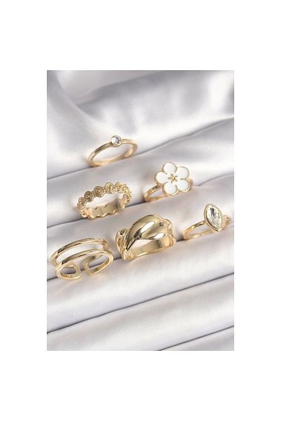 Marsilyan Brass Gold Color White Flower Figure Zircon Stone Women's 6-Piece Women's Ring Set - Tj-Byk3626