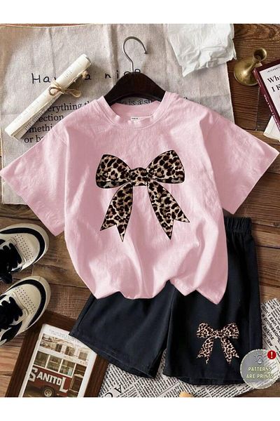 vinraus Girl\Boy Pink-Black Leopard Ribbon Printed Combed Cotton Shorts-Tshirt Set