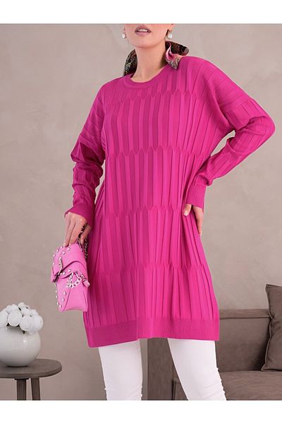 Modamorfo Gât rotund, gros, cu dungi, tricotaje largi Tunica - fucsia