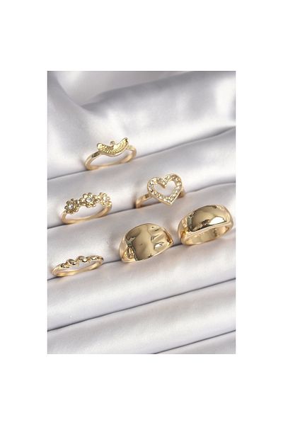 Marsilyan Brass Gold Color Zircon Stone Heart Figure Flower Detail Set of 6 Women's Rings - Tj-Byk3618