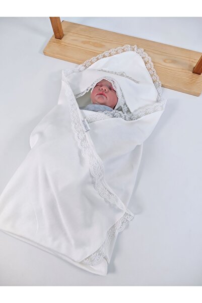 Tomuycuk Ecru 100% Cotton Baby Girl Blanket Embroidered Lace Stroller Cover Gift Newborn 90X90Cm