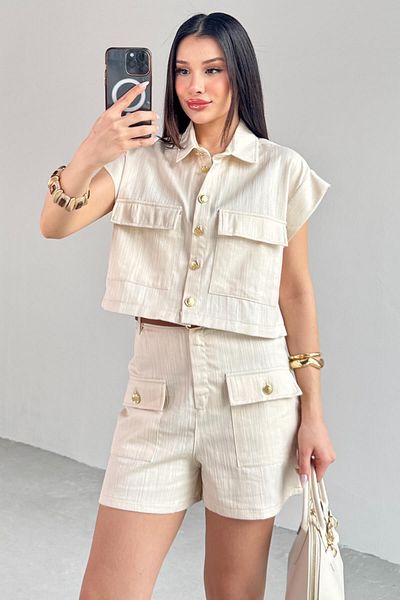 Cappmoda Tkm-13267 Stone Color Pocketed Crop Vest Shorts Linen Double Set