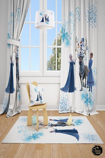 Talia Home Frozen Elsa Patterned Children's Room 2 Wings Background Curtain TLA-312