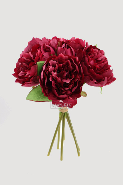 Yapay Çiçek Deposu Yapay Çiçek 6lı Açmış Şakayık Gül Buketi Bordo