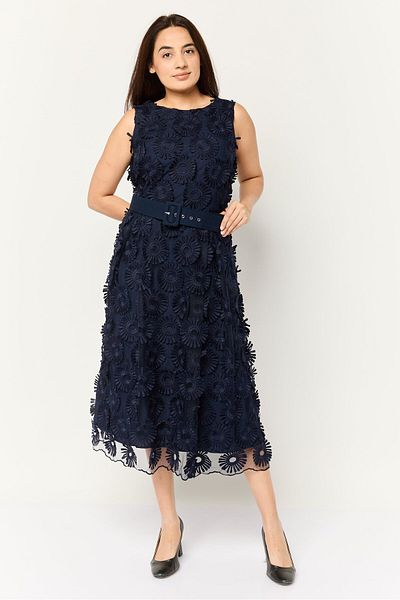 Phase Eight Women Lace Textured Belted Midi Dress, Navy