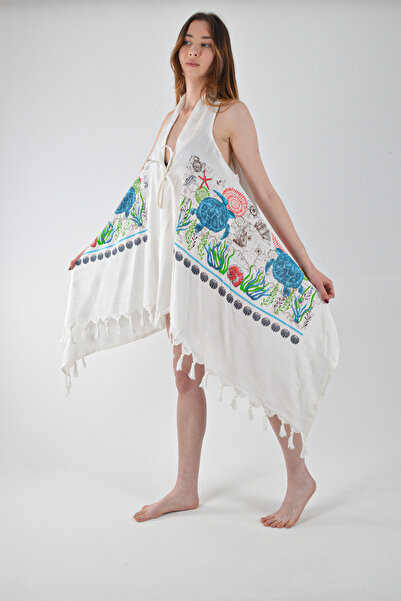 REİNA TEKS Vestă asimetrică Viscon Bell, cu imprimeu broască țestoasă, îmbrăcăminte de plajă din bumbac, 1 bucată, îmbrăcăminte de plajă pareo