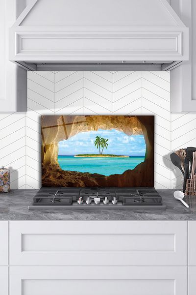 Rosyvien Protector din spate pentru aragaz din sticlă Tropical Island Scenery, protecție pentru blat încorporat în bucătărie cu temperat și rodaj