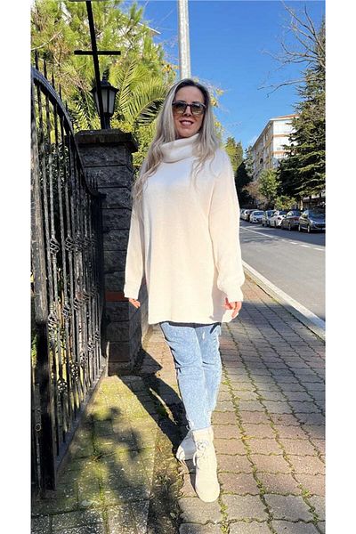 AYSL BUTİK Beige Degaje Collar Long Sweater