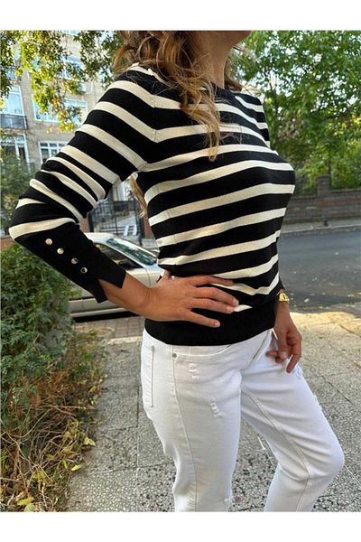 Dilvin Crew-Neck Striped Drop Pullover