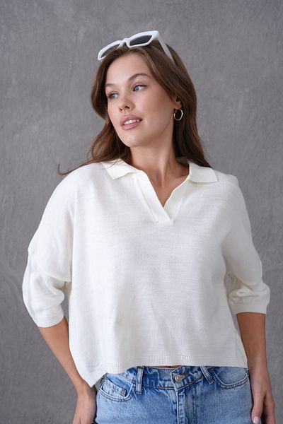 bayansepeti Women's White Polo Neck Half Sleeve Oversize Summer Crop Knitwear Blouse 002
