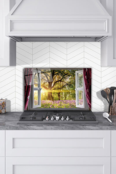 Rosyvien Ağaç Çiçek Manzaralı Pencere Cam Ocak Arkası Koruyucu, Mutfak Tezgah...