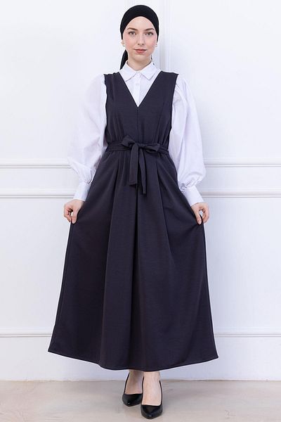 hafsamina Belted Pleated Knitted Gilet Dress Anthracite Hm2736