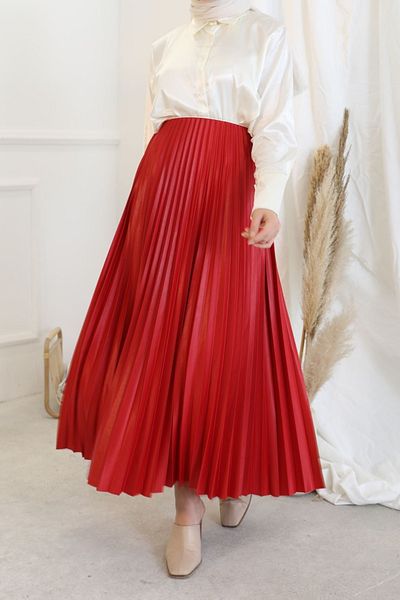 Stil Sepeti Women's Red Waist Hidden Elastic Pleated Long Skirt St- 100078641
