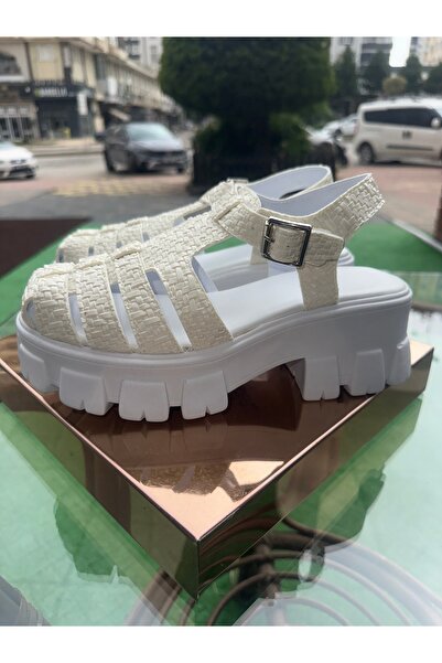 purple shoes Hasır görünümlü kafesli günlük sandalet