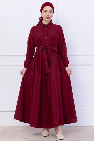 hafsamina Belted Mevlana Dress Claret Red Hm2105