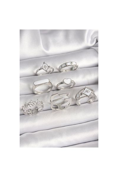 Marsilyan Brass Silver Color White Enamel Heart Flower Detail Women's Ring Combination - Tj-Byk3648