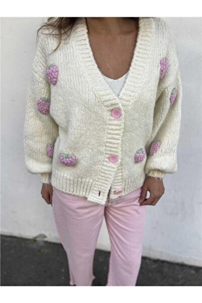 Dilvin Çilek Nakışlı Balon Kol Hırka