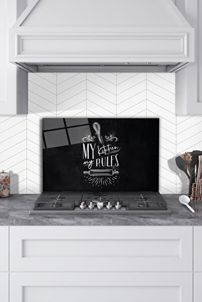 Rosyvien Kara Tahta Desen My Kitchen Rules Cam Ocak Arkası Koruyucu, Mutfak Tezgah Koruması, Temperli Rodajlı