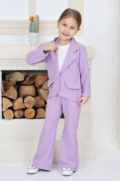 TOFİSA Girl Lilac Girl's Double Breasted Collar Striped Pocket Detail Jacket and Loose Pants Three-Piece Bottom Top Suit t