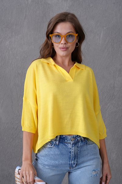bayansepeti Women's Yellow Polo Neck Half Sleeve Oversize Summer Crop Knitwear Blouse 002