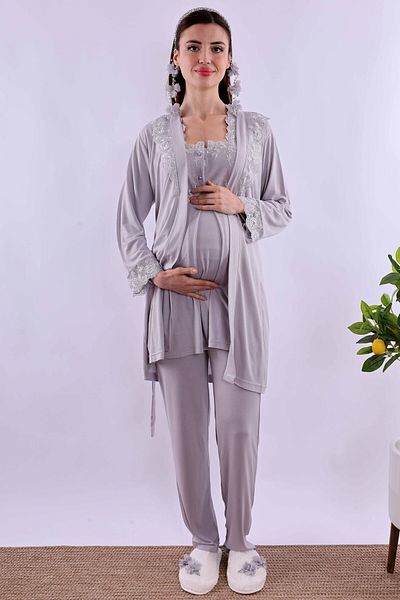 ByLohusa Effortt Gray Maternity Pajama Set with Dressing Gown Byl 224012