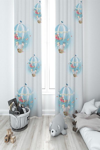 Talia Home Blue Balloon Children's and Baby's Room Background Curtain 2 Wings Tla-003