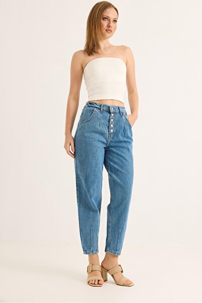 Raneel Kazançlı Alışveriş High Waist Buttoned Wide Leg Jeans Blue
