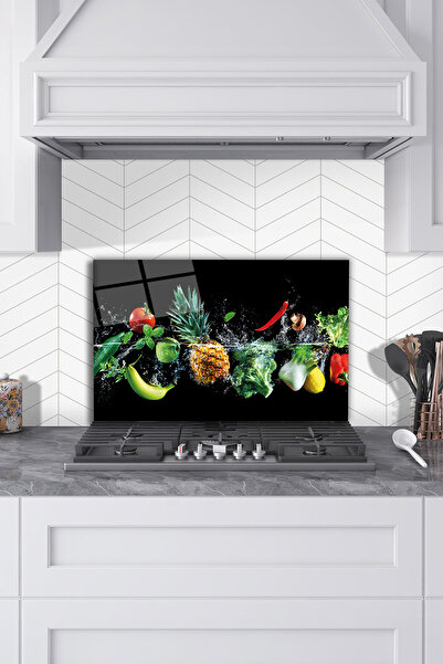 Rosyvien Su Efektli Sebze Meyve Cam Ocak Arkası Koruyucu, Mutfak Ankastre Tez...