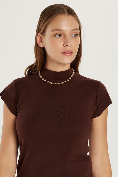 Tudors Γυναικεία Modal Fabric Standard Fit Stand γιακά Καφέ Μπλούζα