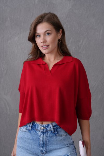 bayansepeti Women's Red Polo Neck Half Sleeve Oversize Summer Crop Knitwear Blouse 002