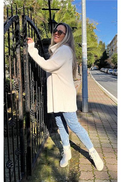 AYSL BUTİK Beige Degaje Collar Long Sweater