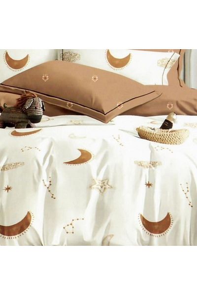Pucioasa Double Bed Linen Set, Finet, Duvet Sheet 200x220cm, 6 Pieces, Stars and Moon Beige