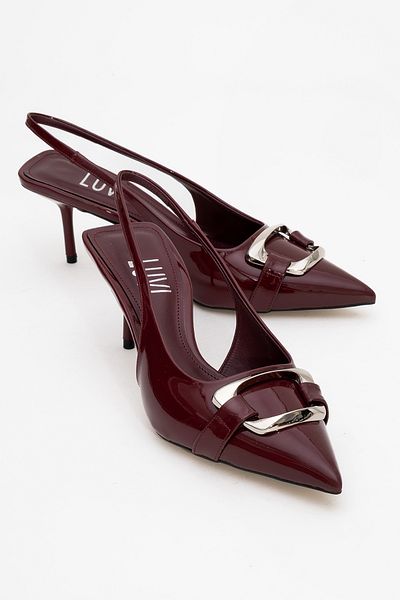LuviShoes Lustre Burgundy Patent Leather Buckle Pointed Toe Women's Heeled Shoes