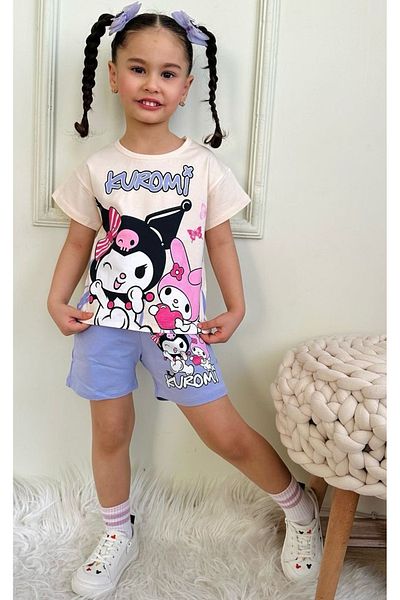 Miss Esilay Boutique Girl's Kuromi Printed Lilac Short-Sleeved Summer Shorts Bottom Top Suit