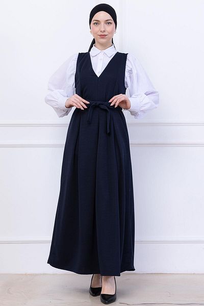 hafsamina Πλεκτό φόρεμα Gilet με ζωνάκι Navy Blue HM2736