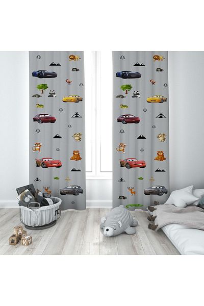 Talia Home Cute Animals and Car Patterned Children's and Baby's Room Background Curtain 2 Wings Tla-229