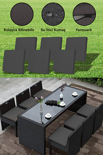 Elyaf Sepeti 6'lı Sandalye Minderi Fermuarlı Su Itici Kumaş 40x40x4 Cm Sünger...