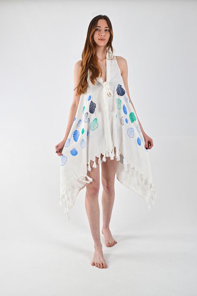 REİNA TEKS Asymmetrical Viscon Bell Vest Seashell Pattern Cotton Beachwear 1 Pcs Pareo Beachwear