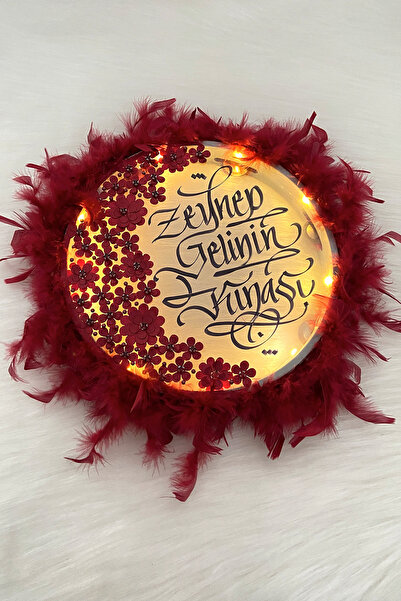 ZEYMERADE Bordo Ledli Şeffaf Gelin Tefi 32cm, 3 Boyut Çiçek Parlak Taş Tüy, D...