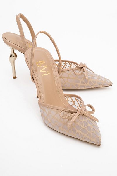 LuviShoes Pantofi cu toc de damă PEONY bej cu plasă cu fundă