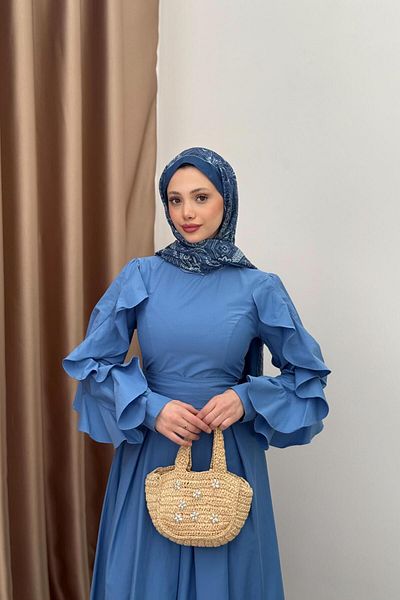 QUQA Ruffle Sleeve Poplin Dress - Blue