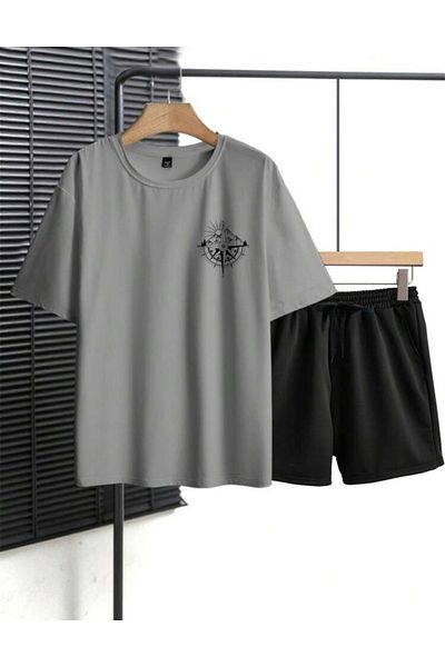 BYMEER Smoked Back and Front Compass Printed Bottom Top Shorts T-Shirt Set