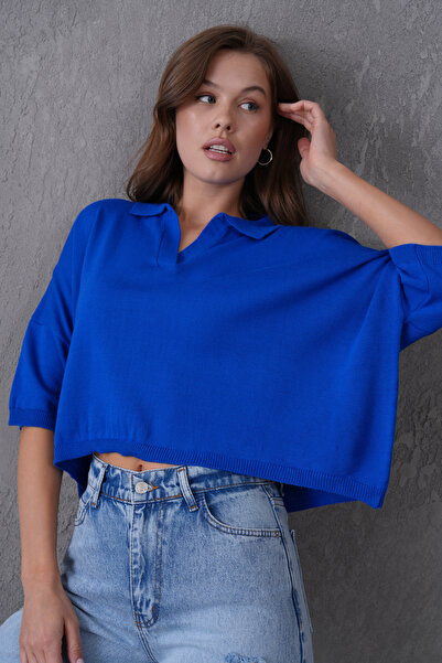bayansepeti Kadın Saks Mavi Polo Yaka Yarım Kollu Oversize Yazlık Crop Triko Bluz 002
