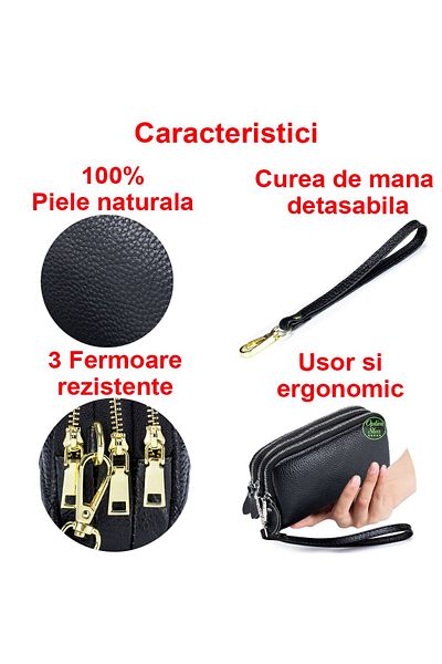 OEM Women's genuine leather wallet, 3 compartments, hand strap, roomy, 16x9.5x5 cm, Black
