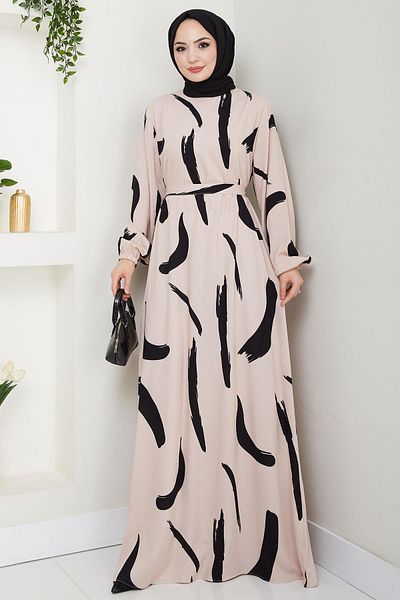 hafsamina Brush Patterned Summer Viscose Dress Beige Hm2730