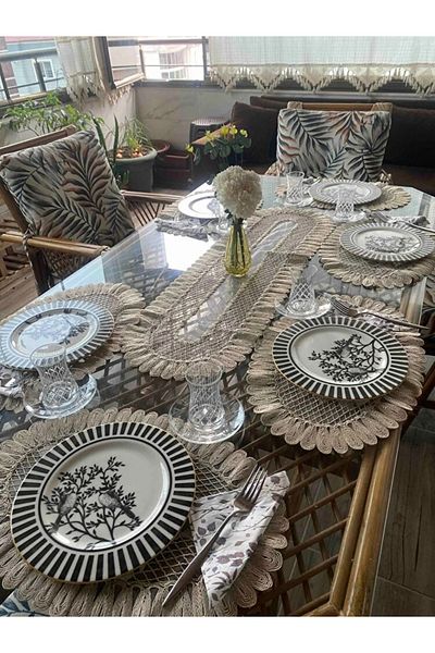 Çt Çeyizci Tekstil American Placemat, 1 Runner 6 Plate Food Service Set, Tablecloth Set, Service Presentation Set