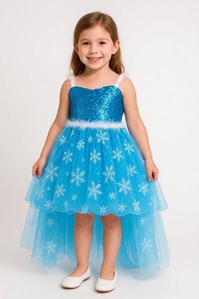 Trend Bebe Butik Rochie albastră de prințesă pentru fetiță |   Costum rochie de seară cu tematică Elsa, scurtă în față, lungă în spate, cu model de zăpadă