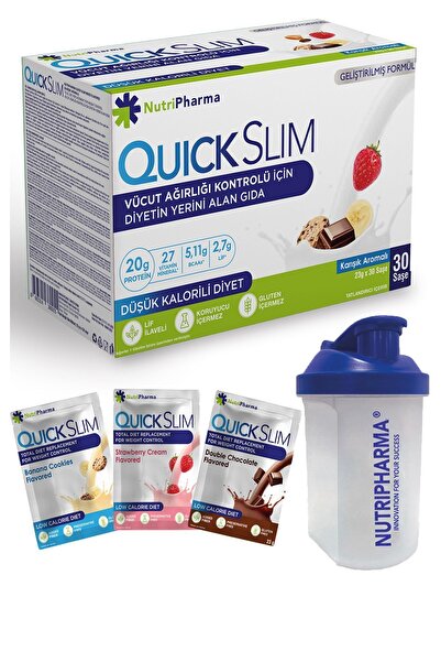 NUTRIPHARMA Quick Slim Öğün Yerine Geçen Shake, Karışık Kutu, 30 Saşe, Öğün Tozu, Protein Shaker