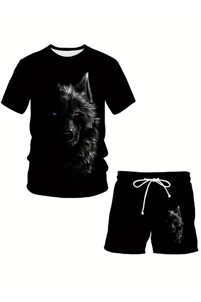 ACTIVE MODA - Men's Wolf Printed Short Sleeve Tshirt-Shorts 2-Piece Set Large Size Cotton
