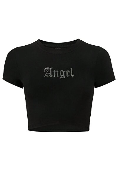 BRZ COLLECTION Γυναικείο T-shirt Angel Crystal Stone με στάμπα Crop Μαύρο